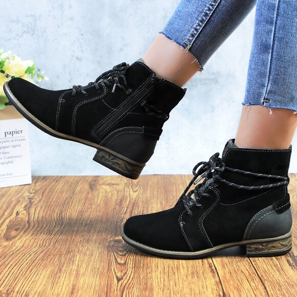 Women's Black Genuine Leather Suede Ankle Lace Bootie with Side Zipper - Picture 4 of 10